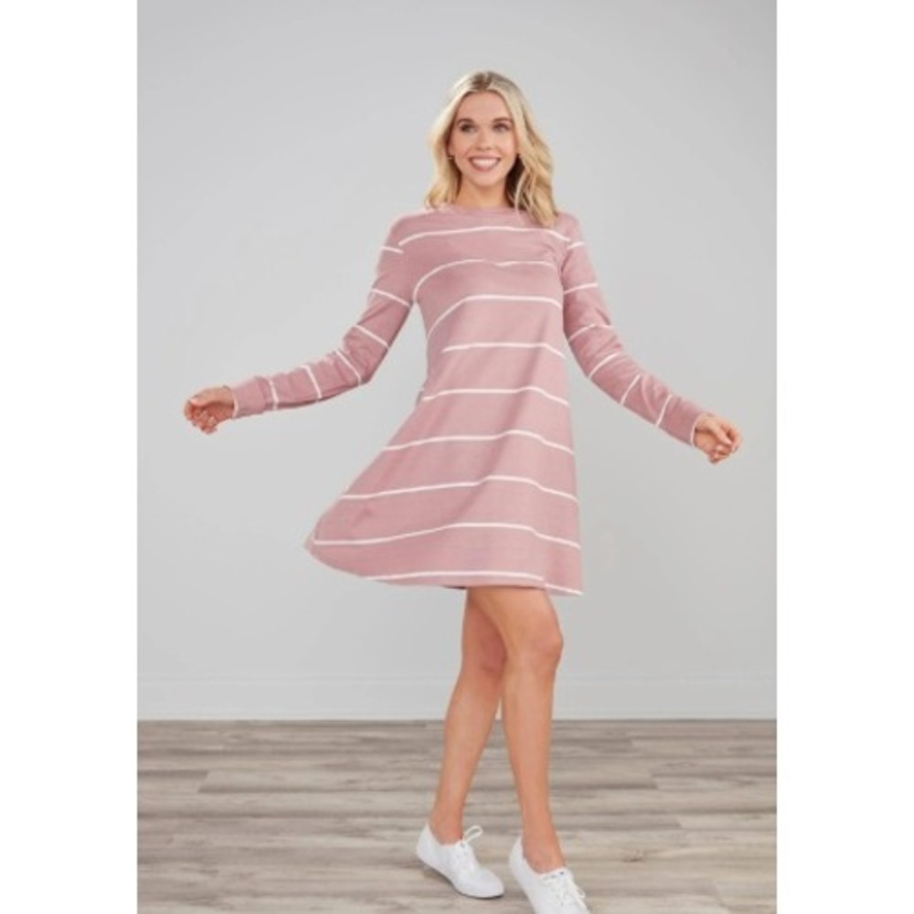 Mauve Pink Striped Tunic Long Sleeve Casual Relaxed‎ T-Shirt Swing Dress Small